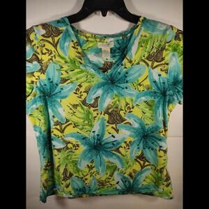 Caribbean Joe Women's Large V-Neck Short Sleeve Tropical Print Knit Top